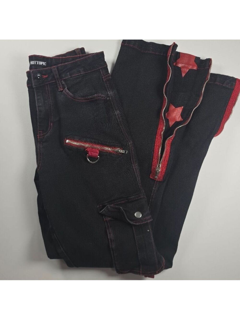 Hot Topic Goth Black Red Tripp Style Cargo Jeans Zip Off Star Flare Jeans 7 - Picture 4 of 10